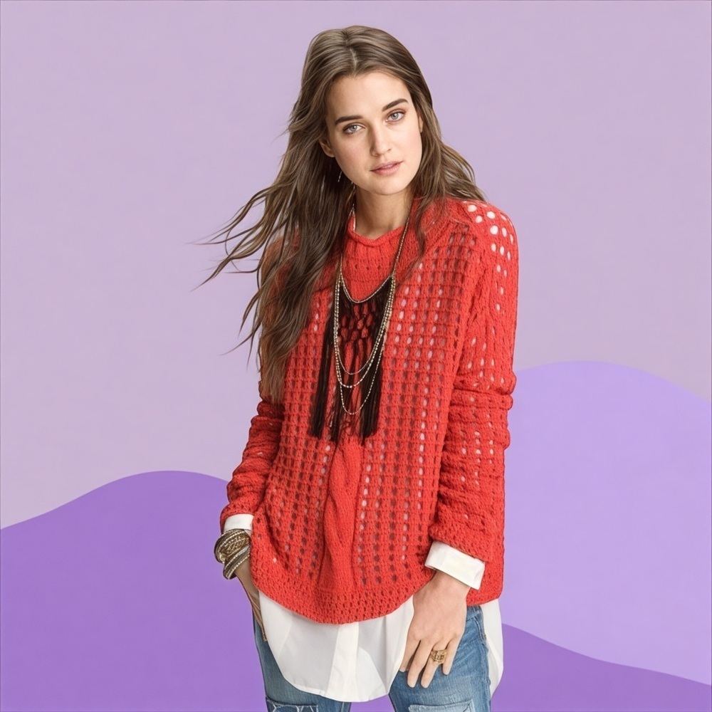 Free People Glacier Lace Open Knit Orange Mock Sweater In Size Large